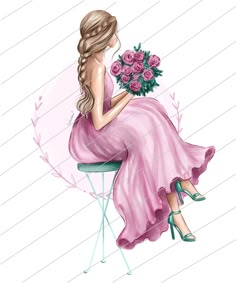 a drawing of a woman sitting on a stool holding a bouquet of roses in her hand