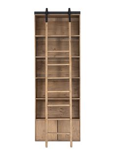 an open bookcase with drawers and sliding doors on one side, the door is closed