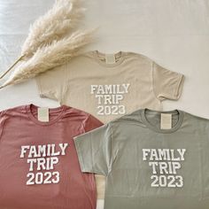 These Family Trip Shirts 2023 are perfect for your next family trip!  - They need to be purchased individually (it's not sold as a set) - All our shirts run a UNISEX fit. (Both for men and women). They are naturally oversized, so we normally recommend your true size. But if you like a more baggy look, we recommend sizing up. - These letters are iron-on patched and is heat pressed, not embroidered. - Please note that shirt brand used may vary depending on what our supplier has, therefore sizes an Casual Summer T-shirt For Family Trip, Family Matching Short Sleeve Shirts For Vacation, Family Matching Shirt For Family Vacation, Casual Letter Print T-shirt For Family Trip, Family Matching Crew Neck Shirt For Vacation, Casual T-shirt For Family Trip In Summer, Short Sleeve Top With Graphic Print For Family Trip, Family Matching Short Sleeve Shirt For Vacation, Casual Pre-shrunk Top For Family Outings