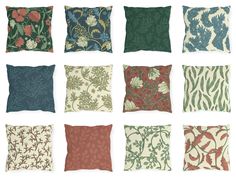 nine pillows with different designs on them