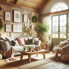 a living room filled with lots of furniture and plants on the wall above it's windows