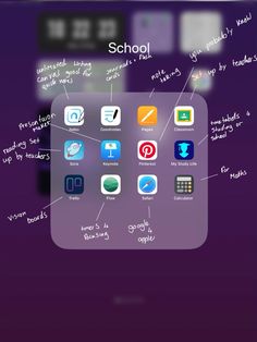 an iphone screen with the words school written in white chalk on it and various icons