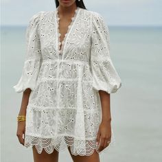 Nwt Waimari Pueblito White Dress Chic Long Sleeve Broderie Anglaise Dress, Elegant Beach Midi Dress With Broderie Anglaise, Elegant Broderie Anglaise Midi Dress For Beach, Chic Vacation Dress With Broderie Anglaise, Chic White Midi Dress With Broderie Anglaise, Chic Broderie Anglaise Dress For Vacation, White Broderie Anglaise Midi Dress For Brunch, Elegant Vacation Dress With Broderie Anglaise, Elegant Broderie Anglaise Dress For Vacation