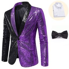 Sleeve Length:Long Sleeve; Look After Me:Washable; Gender:Men's; What's in the box:Coat,Shirt,Tie; Types:Suits  Blazers; Holiday:Masquerade; Style:1980s,Disco,Retro Vintage; Occasion:Party / Evening; Material:Polyester; Age Group:Adults'; Characters:Disco; Design:Sequins; Listing Date:12/20/2023; Clothing Length:; Bust:; Shoulder Width:; Sleeve Length: Winter Purple Blazer For Party, Disco Design, Evening Coat, 2023 Clothing, Vintage Disco, Carnival Costume, Prom Ideas, Tie Shirt, Shirt Tie