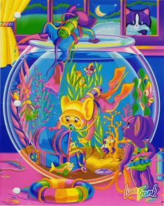 a fish bowl filled with lots of colorful things in front of a cat and other animals