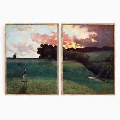 two paintings of people standing in the grass near a body of water with trees and clouds behind them