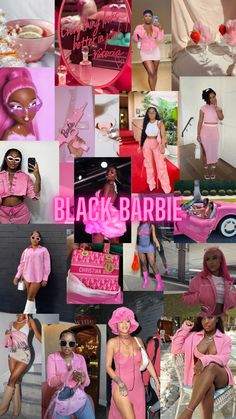 a collage of photos with pink outfits and stars on them, including one woman in a pink dress