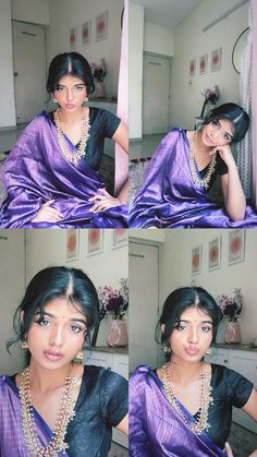 the woman is posing in her purple sari