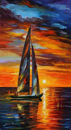 a painting of a sailboat in the ocean at sunset