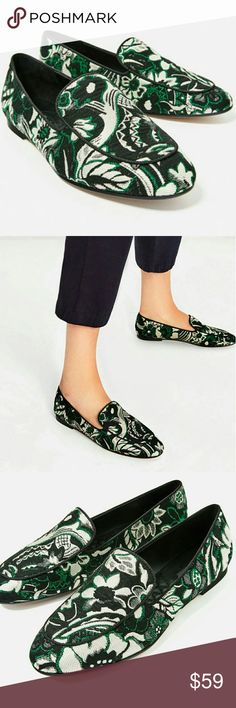 ZARA FLORAL PRINT LOAFERS Beautiful floral print flat shoes.  Edging detail around the instep.  Heel height 0.1" Zara Shoes Flats & Loafers Green Flat Heel Slip-ons For Spring, Green Summer Loafers With Round Toe, Green Loafers With Round Toe For Summer, Spring Green Slip-on Loafers, Green Slip-on Loafers For Spring, Green Pointed Toe Casual Loafers, Chic Green Loafers For Spring, Spring Green Slip-ons With Flat Heel, Green Slip-ons With Flat Heel For Spring