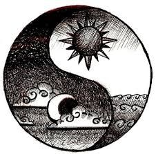 an image of the sun and moon on top of a yin - yang symbol in black ink