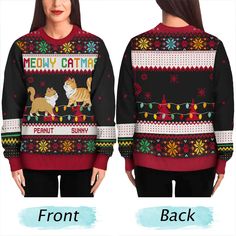 a woman wearing ugly sweaters with an image of a cat on the front and back