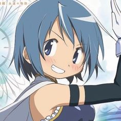 an anime character with blue hair pointing at something