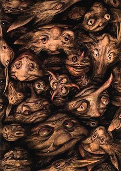 an image of many creepy faces in the middle of a group of people with their mouths open