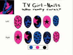 all tv girl shit Band Nails Design, Tv Girl Nails Idea, Smiling Friends Nails, Tv Girl Makeup, Tv Girl Nails Design, Star Inspired Nails, Tv Girl Tattoo, Nail Painting Designs, Tv Girl Nails