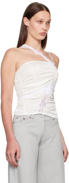 Viscose jersey tank top. Lace trim and ruching throughout. · Asymmetric construction · Straight neck · Concealed zip closure at side seam · Fixed shoulder straps Supplier color: White Ruched Elastane Tank Top For Summer, Summer Ruched Elastane Tank Top, Spring Sleeveless Tank Top With Ruched Sides, Spring Ruched Halter Neck Tank Top, Ruched Tank Top, Jersey Tank Top, White Shop, Shoulder Straps, Lace Trim