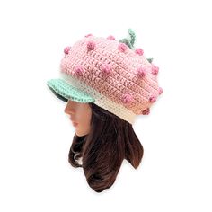 A Crochet Strawberry Newsboy Hat with Visor.  This fashion hat will keep you warm season after season or at the very least makes a great hair accessory on bad hair days. This fanny hat is crochet in an acrylic yarn. The light and lofty yarn creates lots of texture without any added bulk or weight. Great for a costume party, a school crazy hat day, Halloween and other Holyday. Fits teen to adult women. * Soft Acrylic Yarn * A lot of different colors on your choice * Decorated with crochet bumps, Trendy Adjustable Winter Costume Hats And Headpieces, Trendy One-size Bonnet Cap, Adjustable Knitted Mini Hats, Adjustable Novelty Hats One Size, Adjustable One Size Knitted Mini Hats, Playful Adjustable Beanie Hat, Cute Multicolor Crochet Hat, Cute Multicolor Crochet Hat One Size, Trendy Yarn Cap