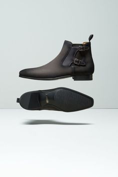 The Caspe is a modified Chelsea boot that features a double monk strap buckle closure over the elastic gore for an elevated look. The clean, minimal finish complements the simple sophistication of the elongated silhouette. Shoes Mens, Men's Shoes, Ankle Boot