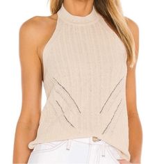 Revolve L’academie Knit Halter Top. Oatmeal Color. Shell Button Closure At Back Of Neck. Decorative Stitch Design On Front. Fabric: 54% Linen/45% Cotton Spring Beige Cable Knit Top, Chic Neutral Pointelle Knit Top, Fall Pointelle Knit Top In Neutral Color, Knotted Blouse, Cold Shoulder Long Sleeve, Wrap Blouse, Rolled Hem, One Shoulder Tops, Puff Sleeve Top