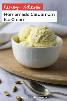 homemade cardamom ice cream in a white bowl