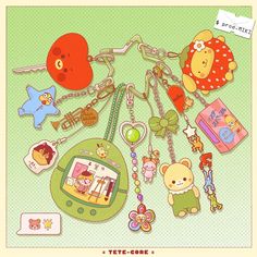 a bunch of key chains that are on a green background with an animal and other items