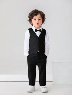 3pcs Baby Boys' Gentleman Suit With Long Sleeve White Shirt, Bow Tie, Vest And Trousers, Suitable For Birthday Party, Evening Party, Wedding, Full Moon And One-year-old Celebration Black Elegant  Long Sleeve Fabric Colorblock,Plain  Non-Stretch  Baby Boys Clothing, size features are:Bust: ,Length: ,Sleeve Length: Gentleman Suit, Gentleman Outfit, Bearer Outfit, White Long Sleeve Shirt, Toddler Boy Outfits, Festival Dress, Boys Clothing