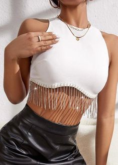 In Your Dreams Top - White Tassel Vest, Fringe Tank Top, Rhinestone Fringe, Rhinestone Top, Color Water, Feminine Top, Wrap Crop Tops, Club Tops, Costume Intero