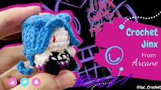 a hand holding a small crochet doll in front of a purple background with the words crochet mix from arcane