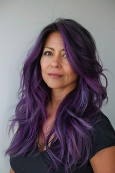 Purple Layers Hair, Amethyst Purple Hair, Purple Hair With Layers, Balayage Purple, Long Hairstyle Ideas, Exotic Hair Color, Long Sleek Hair