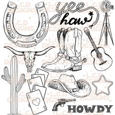 a drawing of cowboy items and the words, howdy