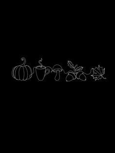 a black and white drawing of pumpkins, leaves and acorns on a dark background