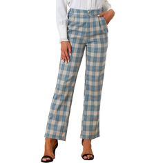 These pants are essential for dressing up or down. Lightweight fabric, covered in a plaid pattern, shapes these trendy trousers with a high-rise fit. How it is a bit high waist and how it gathers at the waist adding shape to the body. You may love everything about these trousers, from their regular fit to the elastic high-waist, which could double as a hiding mechanism for women with love handles. Style these trousers with a crop top and heels for the ultimate look. This fashionable and trendy c Tailored Plaid Casual Bottoms, Tailored Casual Plaid Pants, Plaid Cotton Pants For Work, Cotton Plaid Pants For Workwear, Casual Plaid Bottoms For Office, Casual Plaid Office Bottoms, Casual Plaid Pants For Office, Casual Plaid Bottoms, Casual Plaid Office Pants