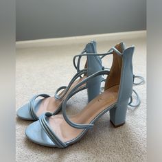 Light Blue Strappy Heels | Never Worn | Brand New | Women’s Size 9 | Preppy | Perfect Condition | Nwt | Blue Padded Heel Block Heels For Spring, Blue Block Heels With Padded Heel For Spring, Blue Ankle Strap Block Heels For Spring, Spring Blue Ankle Strap Block Heels, Blue Open Heel Block Heels For Spring, Spring Blue Open Heel Block Heels, Spring Party Blue Block Heels, Blue 4-inch Heel Block Heels For Spring, Blue Block Heels With 4-inch Heel For Spring