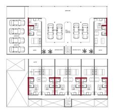 the floor plan for an office building with two floors and three cars parked in it