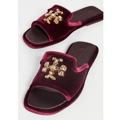 New In Box Tory Burch Jeweled Logo Velvet Slides - Rare! Hard To Find! Color: Bordeaux 100% Authentic Guaranteed! Brand New In Tory Burch Box, Never Been Worn, Comes With Dust Bag! Open Toe Slip-On Style Velvet Upper Leather Linning Jewel Details Rubber Sole Salon Shoes Price Is Firm! No Offers, No Trade, Sorry! Check Out Our Poshmark Boutique (5-Star Top Rated Seller) For More Tory Burch And Other Designer Shoes, Handbags & Coats! Beach Flats, Jewel Logo, Salon Shoes, Cash Cow, Velvet Sandals, Poshmark Boutique, Find Color, Star Top, Southern Belle