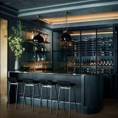 a bar with stools and bottles on the shelves