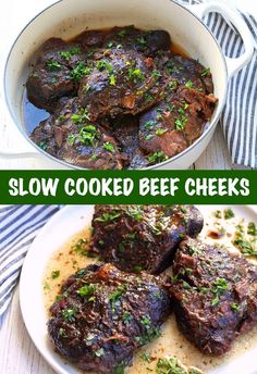 slow cooked beef cheeks with parsley on top and in a white bowl next to the same dish