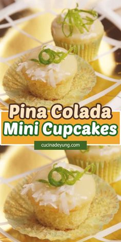 pine colada mini cupcakes with white frosting and green onions on top