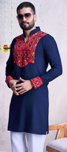 Blue color Kurta in Rayon fabric with Embroidered, Mirror, Thread work Blue Cotton Kurta With Dabka Work, Blue Cotton Kurta With Intricate Embroidery, Eid Blue Embroidered Fabric With Motifs, Eid Embroidered Blue Fabric With Motifs, Blue Embroidered Fabric With Eid Motifs, Blue Embroidered Fabric With Motifs For Eid, Blue Floral Embroidered Fabric For Festivals, Blue Floral Embroidered Kurta For Festivals, Blue Floral Embroidery Kurta For Festivals