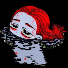 a drawing of a woman with red hair floating in the water, her eyes are closed