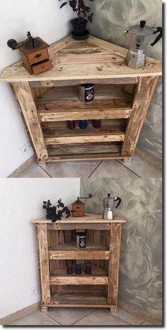 two different views of a wooden table with drawers on top and bottom, one is made out of pallet wood