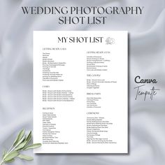 the wedding photography shot list is displayed on top of a white sheet with an olive branch