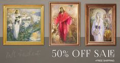 three framed paintings with the words, 50 % off sale and free shipping on all items