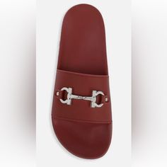 Size 10 M Brand New And Authentic Luxury Red Slip-on Sandals, Luxury Red Sandals For The Beach, Luxury Red Beach Sandals, Classic Sandals With Red Sole, Red Classic Sandals With Round Toe, Classic Red Sandals With Round Toe, Classic Red Round Toe Sandals, Luxury Red Flat Sandals, Classic Open Toe Sandals With Red Sole