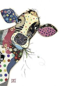 a cow with colorful spots and polka dots on it's face is depicted in this collage