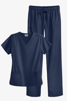 For your convenience, our flexible Strictly Scrubs Stretch SSS620 Women s 4-Pocket Scrub Set includes a matching top and pant together. Each style in our exclusive Strictly Scrubs Stretch collection was made with easy care wash-n-wear fabric that’s durable, fade resistant, and supersoft with stretch, thanks to a polyester rayon spandex blend. • Set includes 1 top and 1 pant of the same size and color • Top details: • Modern fit • V-neck • Total of 2 pockets: • 2 front patch pockets • Short sleev Scrub Suit, Medical Scrubs Outfit, Dickies Scrubs, Scrubs Outfit, Scrubs Uniform, Black Scrubs, Easy Stretches, Medical Uniforms, Womens Scrubs