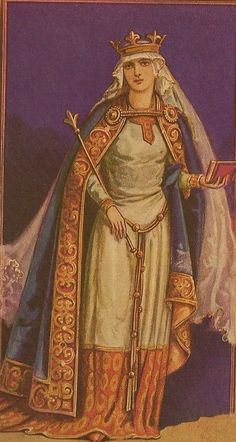 a painting of a woman in white and gold dress with a crown on her head