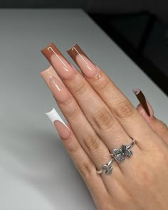 French Tip Fall Nail French Thanksgiving Nails, Fall Nail Ideas French Tip, Cute Fall Nails French Tips, Long Brown Nails Acrylic, French Tip Thanksgiving Nails, November Color Nails, Fall Thanksgiving Nails Acrylic, 2024 Nail Inspo Square, Thanksgiving Coffin Nails