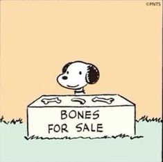 a cartoon dog sitting on top of a box with bones for sale written on it