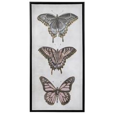 three butterflies on a white background with black border and one pink butterfly in the middle